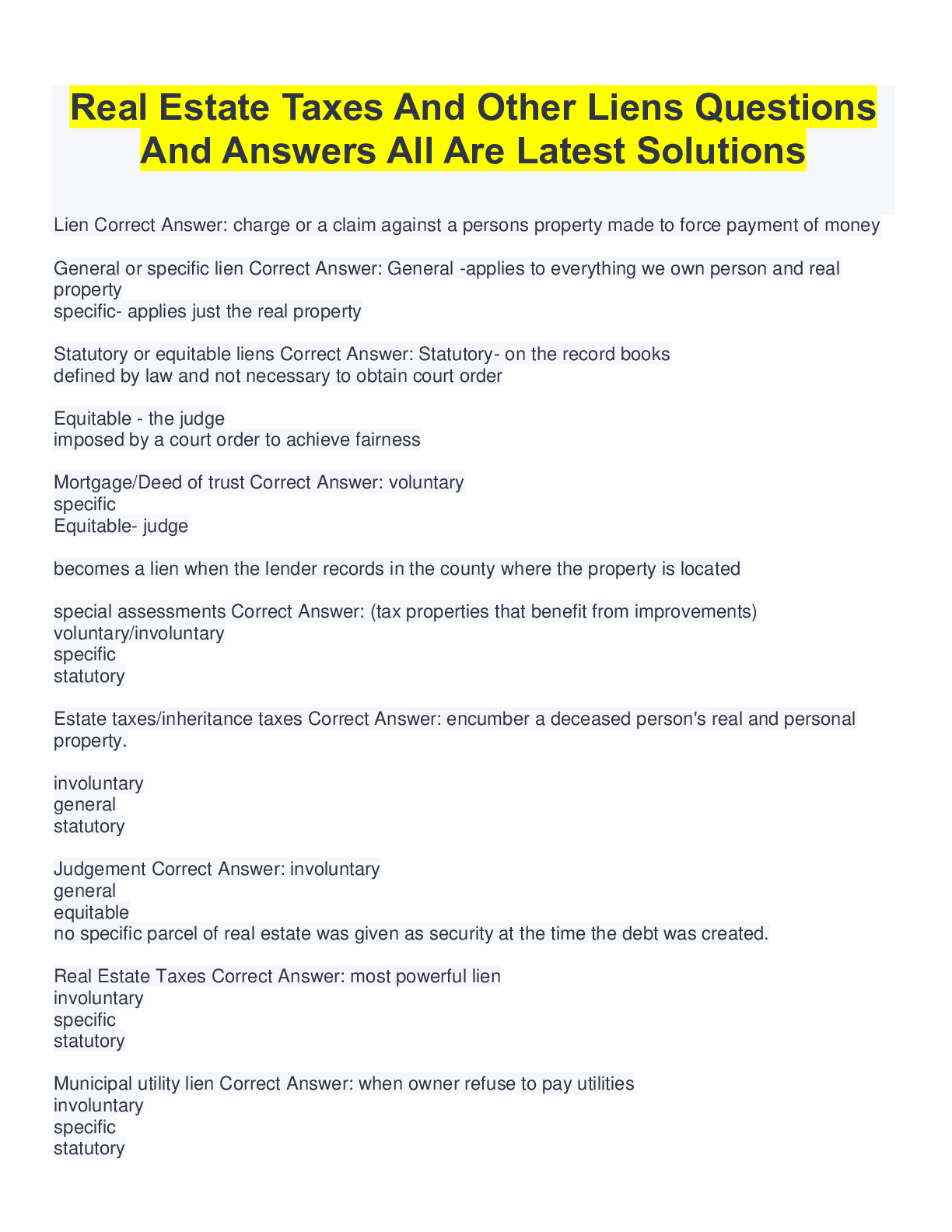 Preview image for Real Estate Taxes And Other Liens Questions And Answers All Are Latest Solutions